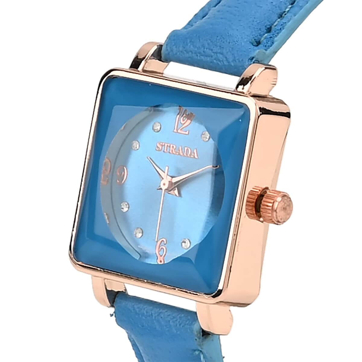 Strada White Austrian Crystal Japanese Movement Watch in Rosetone with Blue Faux Leather Strap (25.40 mm) (6.75-9.00 Inches) image number 3
