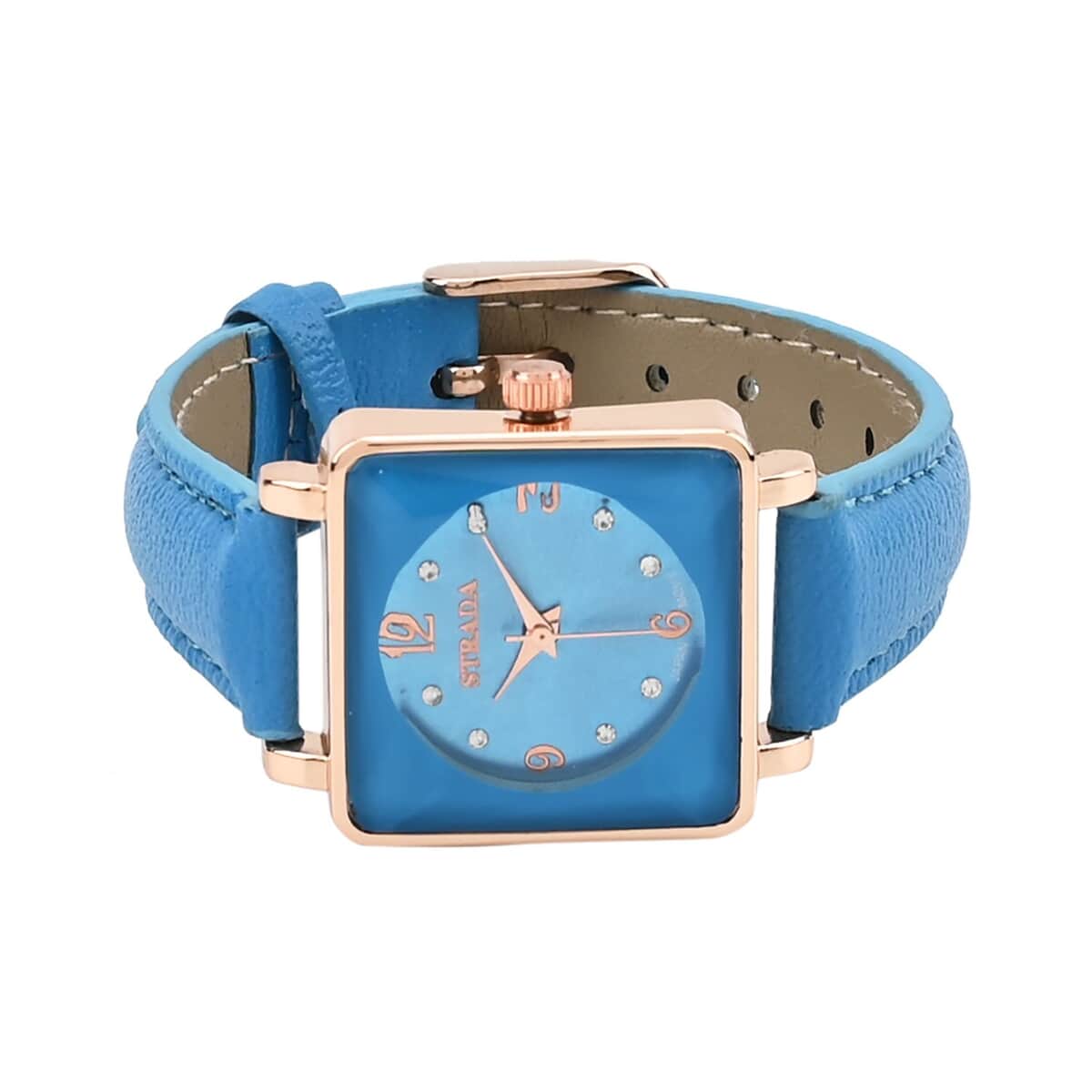 Strada White Austrian Crystal Japanese Movement Watch in Rosetone with Blue Faux Leather Strap (25.40 mm) (6.75-9.00 Inches) image number 4