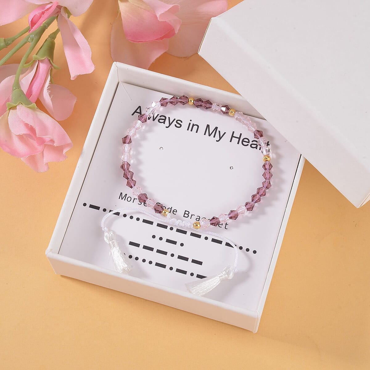 Light and Dark Pink Glass Beaded Bolo Always in My Heart Morse Code Bracelet in Natural Cotton Cord and 14K YG Over Sterling Silver (Adjustable) image number 1
