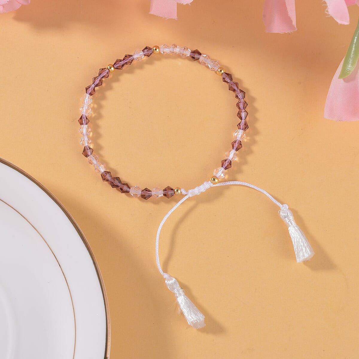 Light and Dark Pink Glass Beaded Bolo Always in My Heart Morse Code Bracelet in Natural Cotton Cord and 14K YG Over Sterling Silver (Adjustable) image number 2