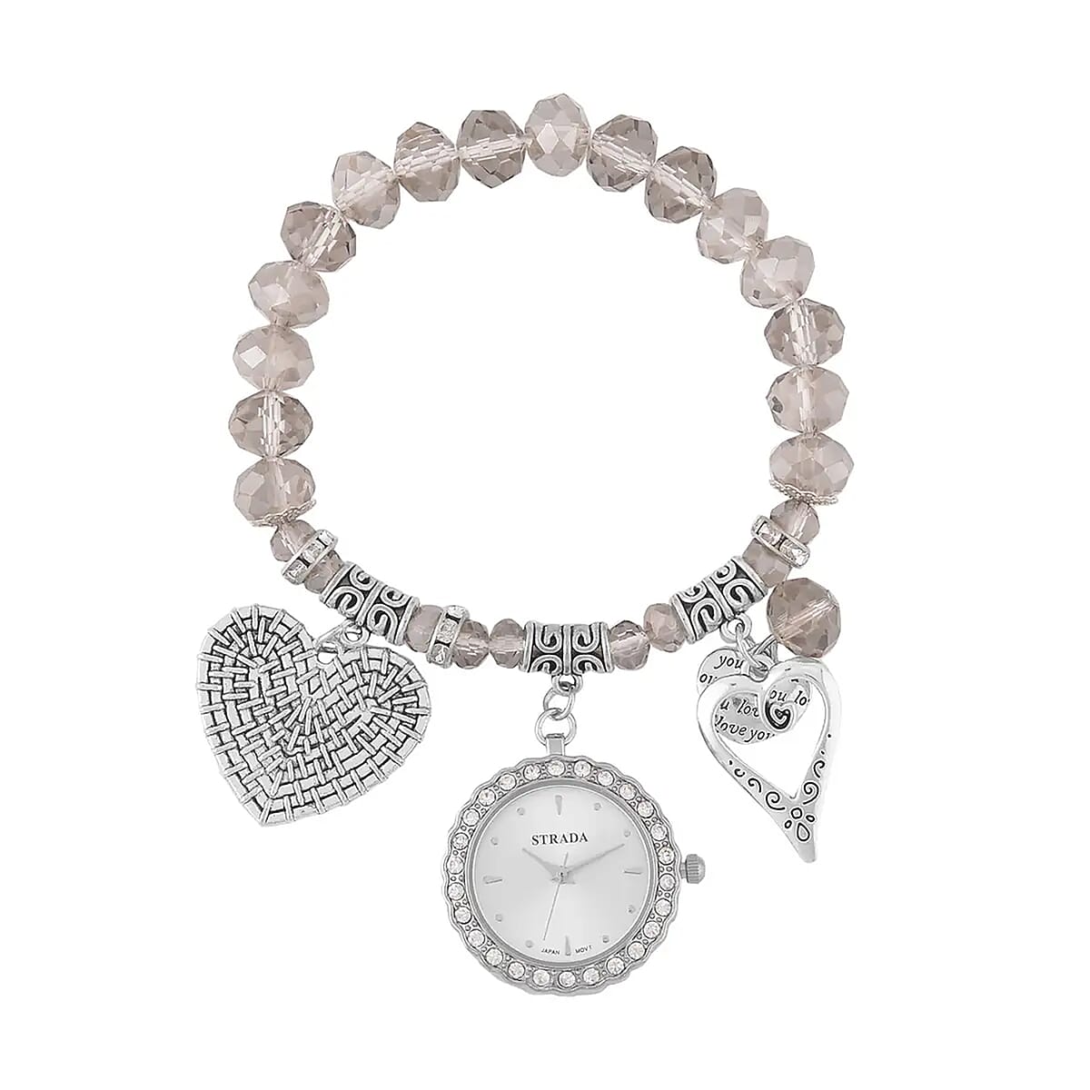 Strada Japanese Movement White Austrian Crystal and Gray Glass Beaded Stretch Bracelet Watch in Silvertone with Heart Charm (6.50-7 In) (27.95 mm) image number 0