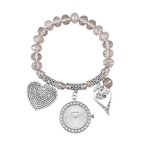 Strada Japanese Movement White Austrian Crystal and Gray Glass Beaded Stretch Bracelet Watch in Silvertone with Heart Charm (6.50-7 In) (27.95 mm)