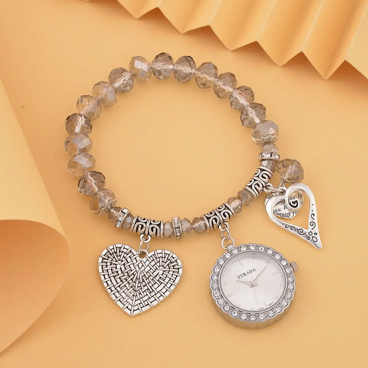 Strada Japanese Movement White Austrian Crystal and Gray Glass Beaded Stretch Bracelet Watch in Silvertone with Heart Charm (6.50-7 In) (27.95 mm) image number 1
