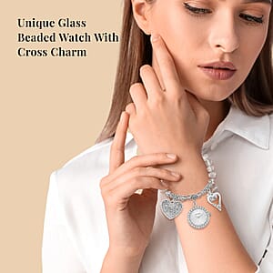 Strada Japanese Movement White Austrian Crystal and Gray Glass Beaded Stretch Bracelet Watch in Silvertone with Heart Charm (6.50-7 In) (27.95 mm)