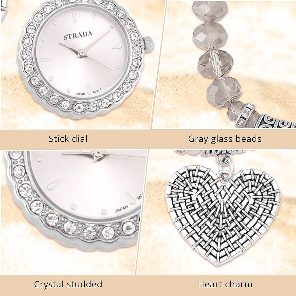 Strada Japanese Movement White Austrian Crystal and Gray Glass Beaded Stretch Bracelet Watch in Silvertone with Heart Charm (6.50-7 In) (27.95 mm) image number 3