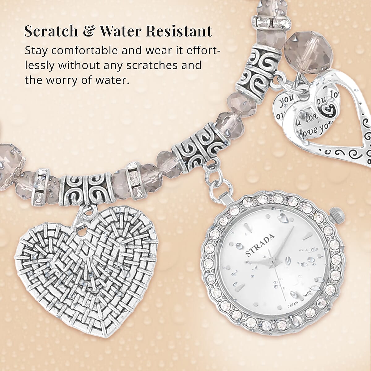 Strada Japanese Movement White Austrian Crystal and Gray Glass Beaded Stretch Bracelet Watch in Silvertone with Heart Charm (6.50-7 In) (27.95 mm) image number 4