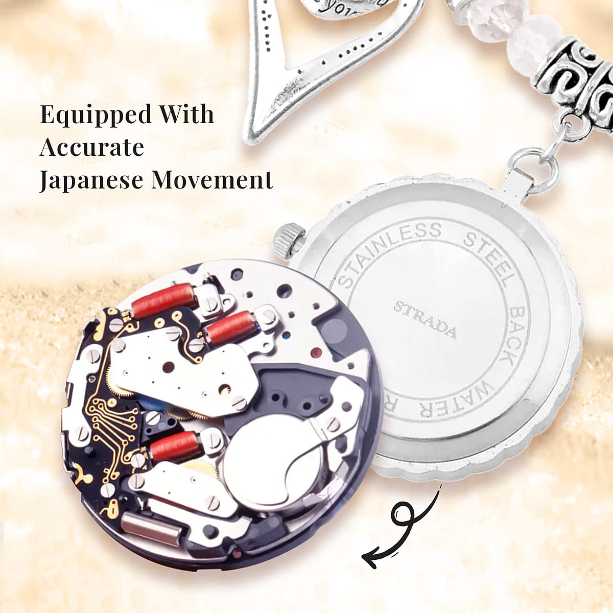 Strada Japanese Movement White Austrian Crystal and Gray Glass Beaded Stretch Bracelet Watch in Silvertone with Heart Charm (6.50-7 In) (27.95 mm) image number 5