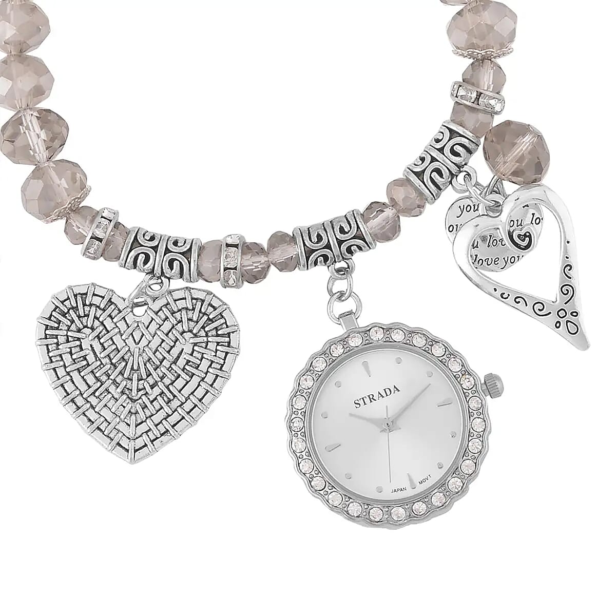 Strada Japanese Movement White Austrian Crystal and Gray Glass Beaded Stretch Bracelet Watch in Silvertone with Heart Charm (6.50-7 In) (27.95 mm) image number 7
