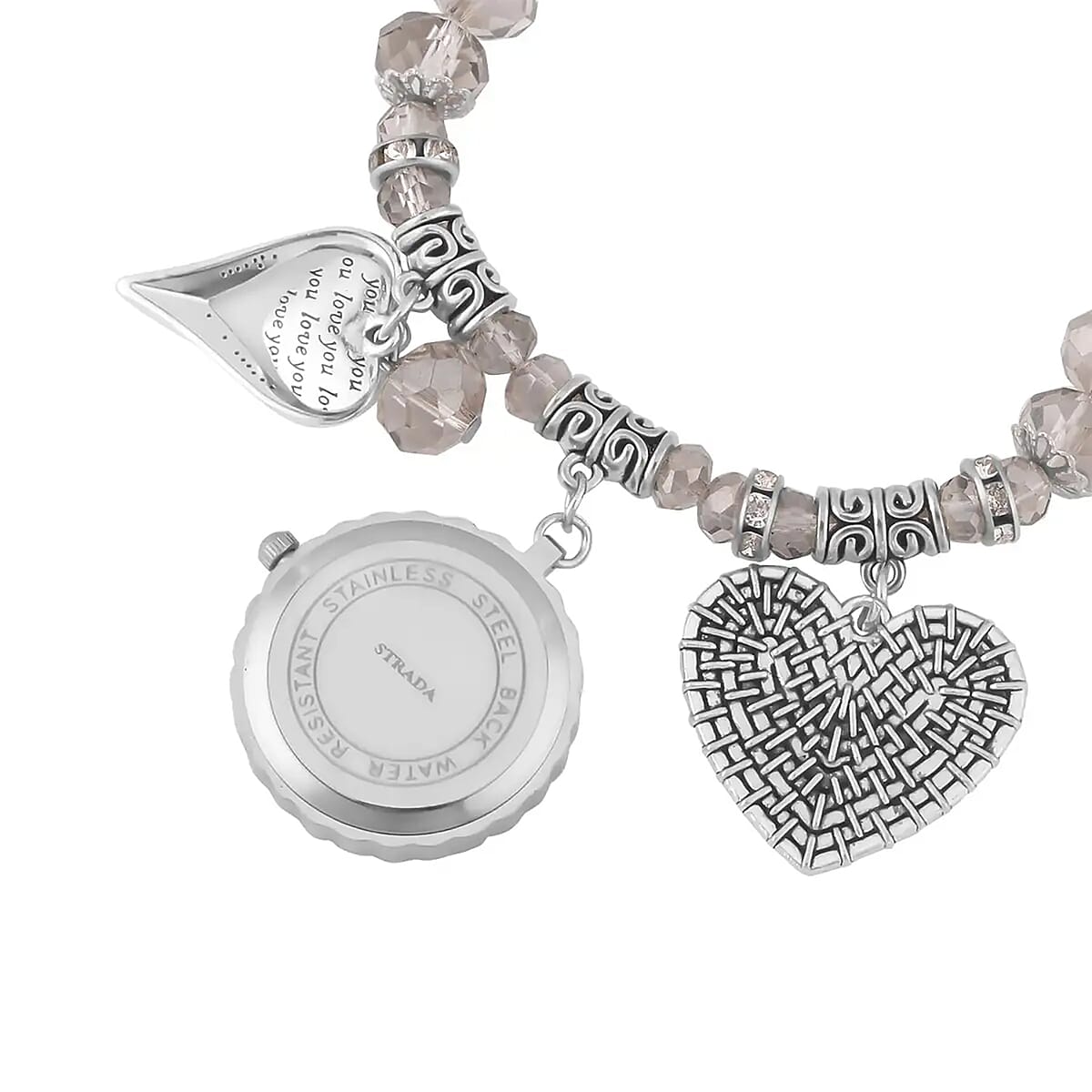 Strada Japanese Movement White Austrian Crystal and Gray Glass Beaded Stretch Bracelet Watch in Silvertone with Heart Charm (6.50-7 In) (27.95 mm) image number 8