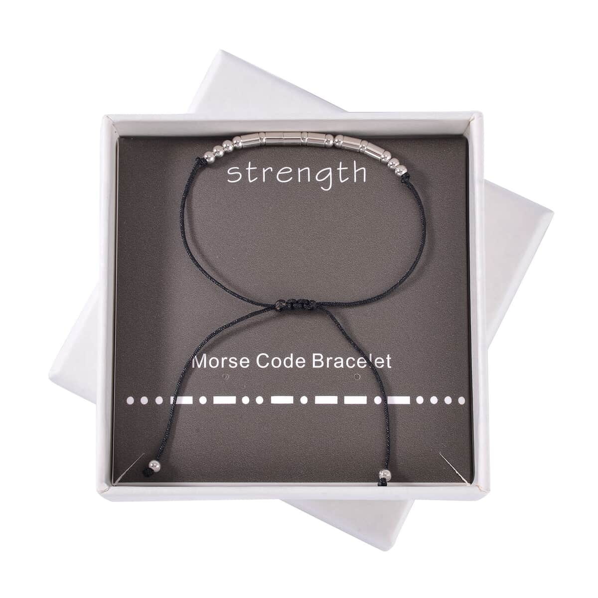 Rhodium Over Sterling Silver Bolo Strength Morse Code Bracelet in Black Cord (Adjustable) image number 0