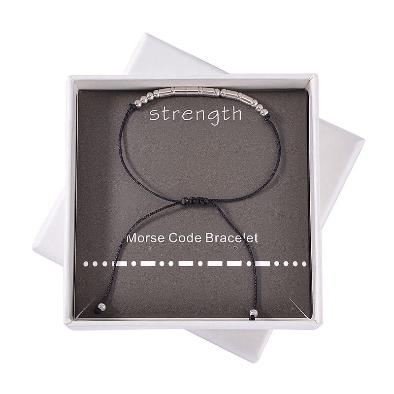 Rhodium Over Sterling Silver Bolo Strength Morse Code Bracelet in Black Cord (Adjustable)