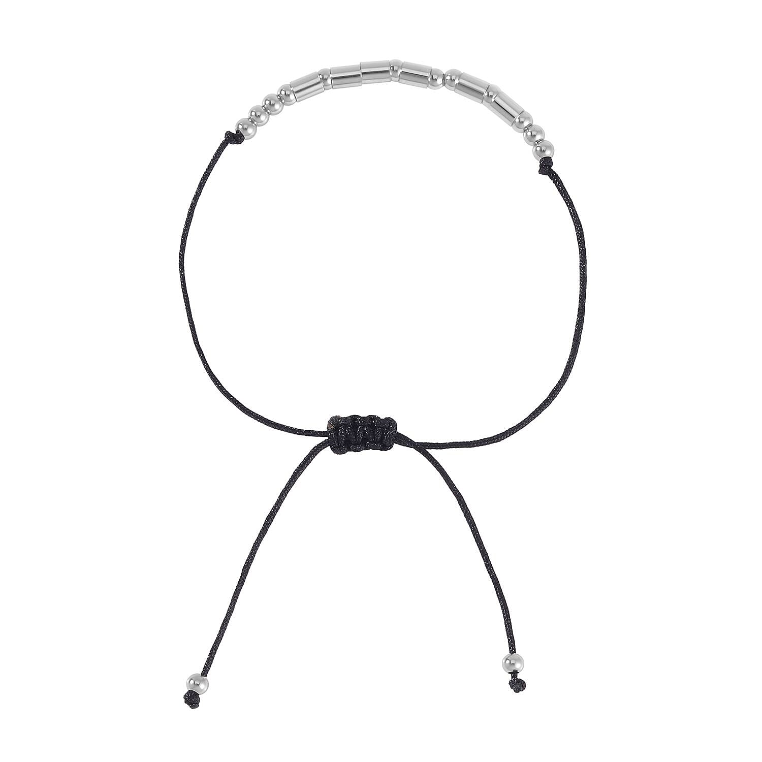 Rhodium Over Sterling Silver Bolo Strength Morse Code Bracelet in Black Cord (Adjustable)