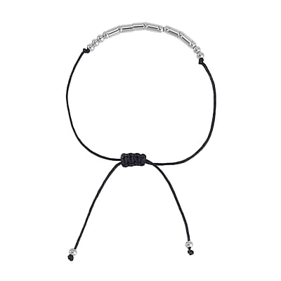 Rhodium Over Sterling Silver Bolo Strength Morse Code Bracelet in Black Cord (Adjustable)