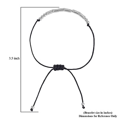 Rhodium Over Sterling Silver Bolo Strength Morse Code Bracelet in Black Cord (Adjustable)