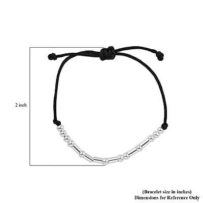Rhodium Over Sterling Silver Bolo Strength Morse Code Bracelet in Black Cord (Adjustable)