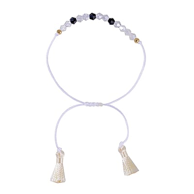 Black and White Glass Beaded Bolo Faith Morse Code Bracelet in Natural Cotton Cord (Adjustable) 10.85 ctw