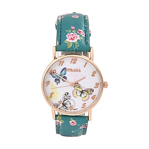 Strada Japanese Movement Butterfly Pattern Watch in Rosetone with Green Faux Leather Floral Print Strap (7.25-8.75 In) (37.10mm)