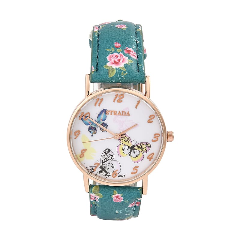 Strada Japanese Movement Butterfly Pattern Watch in Rosetone with Green Faux Leather Floral Print Strap (7.25-8.75 In) (37.10mm)