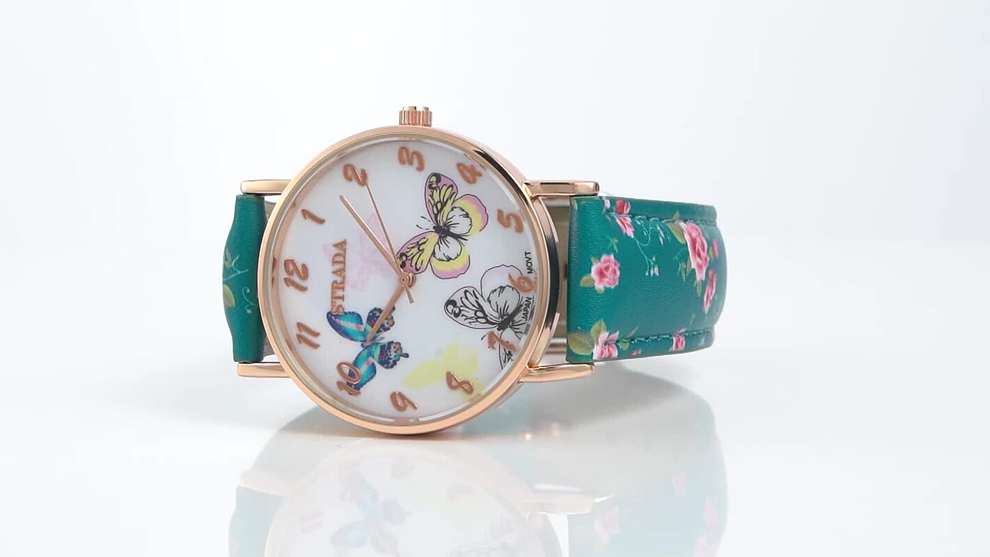 Strada Japanese Movement Butterfly Pattern Watch in Rosetone with Gray Faux Leather Floral Print Strap (7.25-8.75 In) (37.10mm)