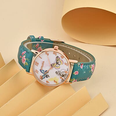 Strada Japanese Movement Butterfly Pattern Watch in Rosetone with Green Faux Leather Floral Print Strap (7.25-8.75 In) (37.10mm)