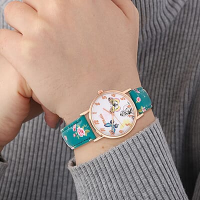 Strada Japanese Movement Butterfly Pattern Watch in Rosetone with Green Faux Leather Floral Print Strap (7.25-8.75 In) (37.10mm)