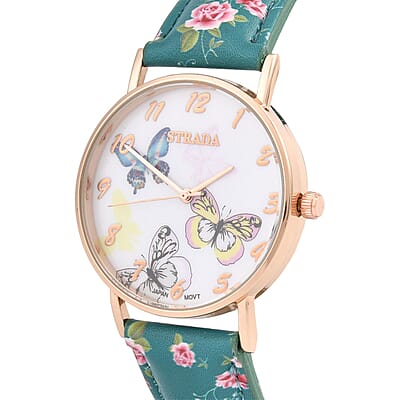Strada Japanese Movement Butterfly Pattern Watch in Rosetone with Green Faux Leather Floral Print Strap (7.25-8.75 In) (37.10mm)