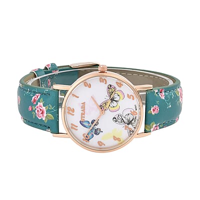 Strada Japanese Movement Butterfly Pattern Watch in Rosetone with Green Faux Leather Floral Print Strap (7.25-8.75 In) (37.10mm)