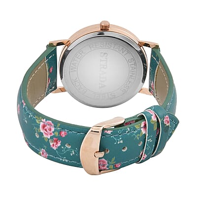 Strada Japanese Movement Butterfly Pattern Watch in Rosetone with Green Faux Leather Floral Print Strap (7.25-8.75 In) (37.10mm)