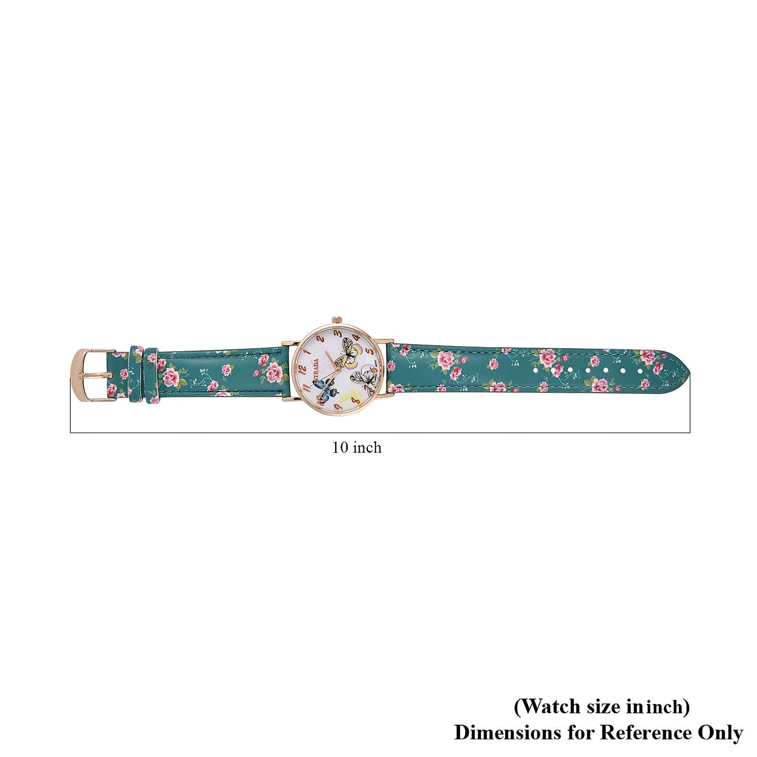 Strada Japanese Movement Butterfly Pattern Watch in Rosetone with Green Faux Leather Floral Print Strap (7.25-8.75 In) (37.10mm)
