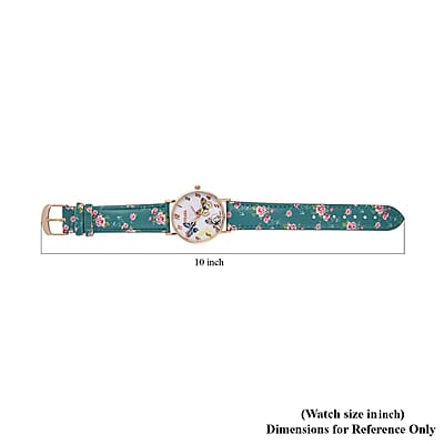 Strada Japanese Movement Butterfly Pattern Watch in Rosetone with Green Faux Leather Floral Print Strap (7.25-8.75 In) (37.10mm)