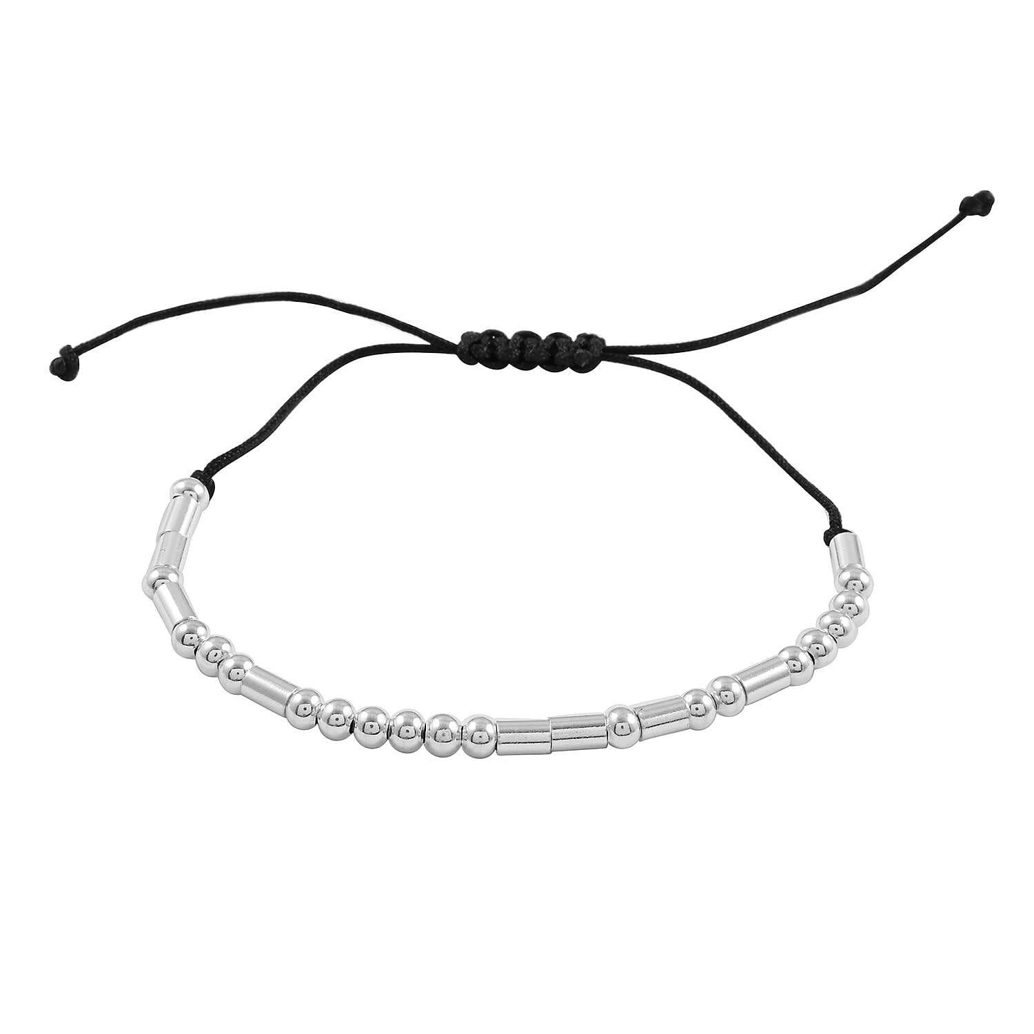 Black Cord Beaded Bracelet in Rhodium Over Sterling Silver (Adjustable)