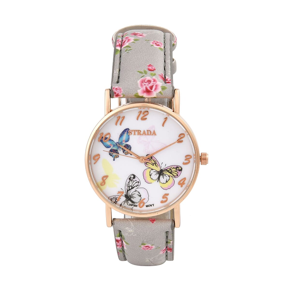 Strada Japanese Movement Butterfly Pattern Watch in Rosetone with Gray Faux Leather Floral Print Strap (7.25-8.75 In) (37.10mm) image number 0