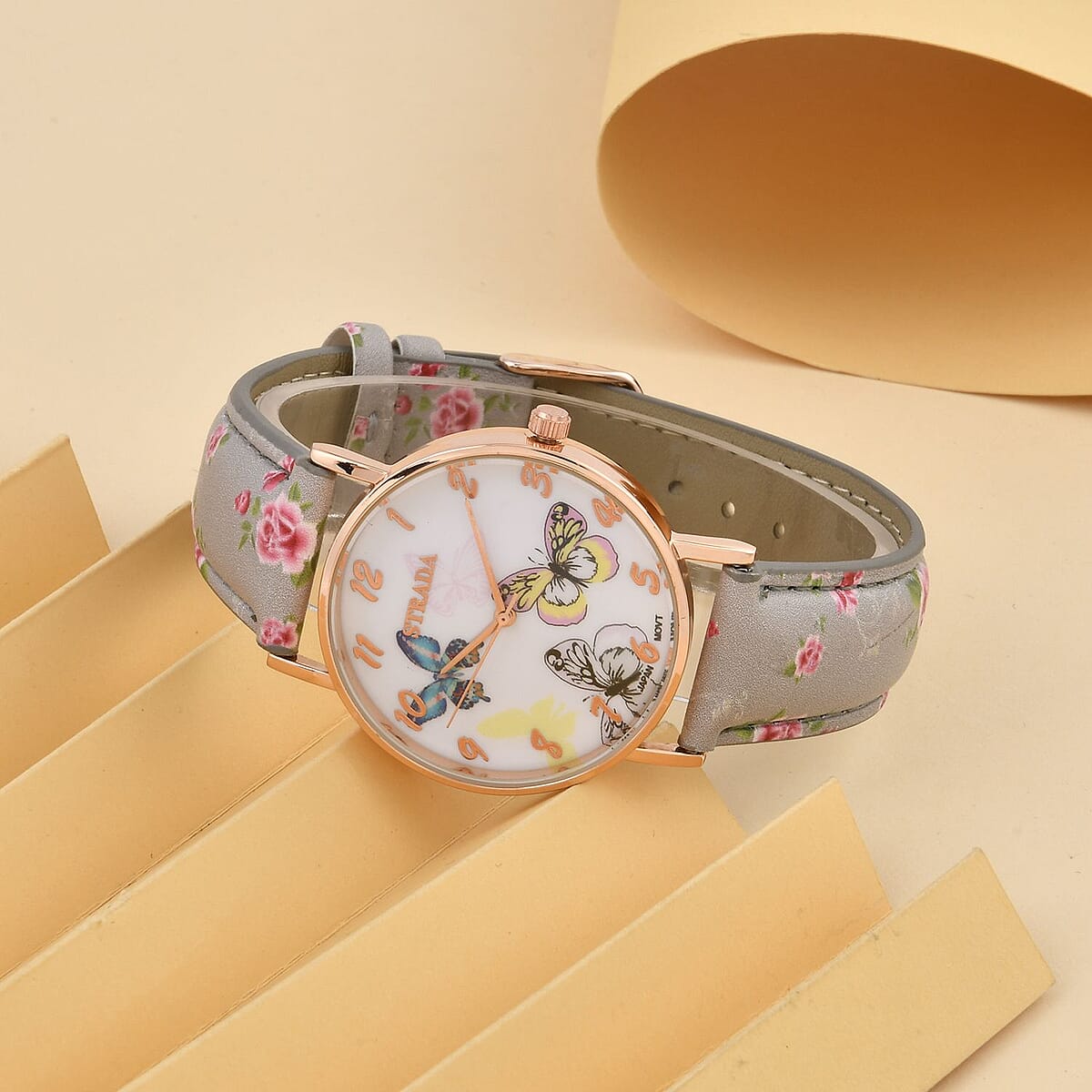 Strada Japanese Movement Butterfly Pattern Watch in Rosetone with Gray Faux Leather Floral Print Strap (7.25-8.75 In) (37.10mm) image number 1