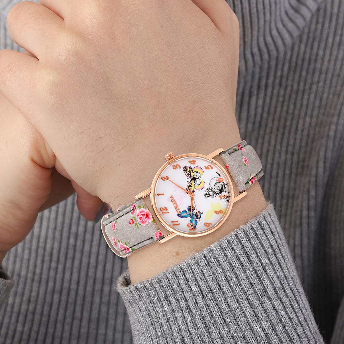 Strada Japanese Movement Butterfly Pattern Watch in Rosetone with Gray Faux Leather Floral Print Strap (7.25-8.75 In) (37.10mm) image number 2
