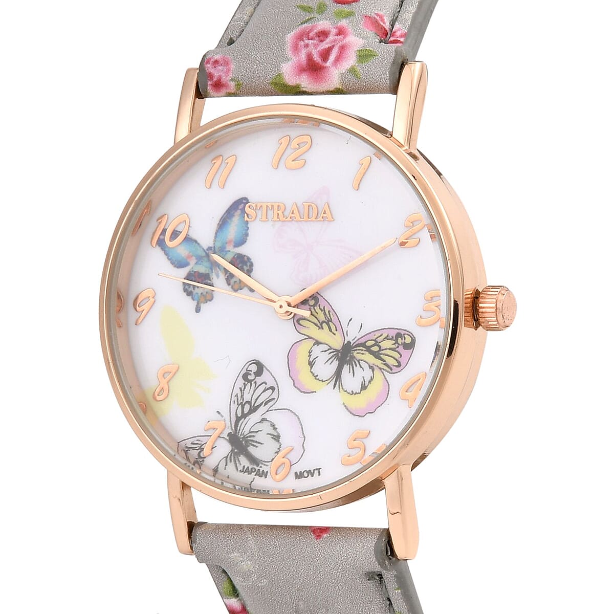 Strada Japanese Movement Butterfly Pattern Watch in Rosetone with Gray Faux Leather Floral Print Strap (7.25-8.75 In) (37.10mm) image number 3