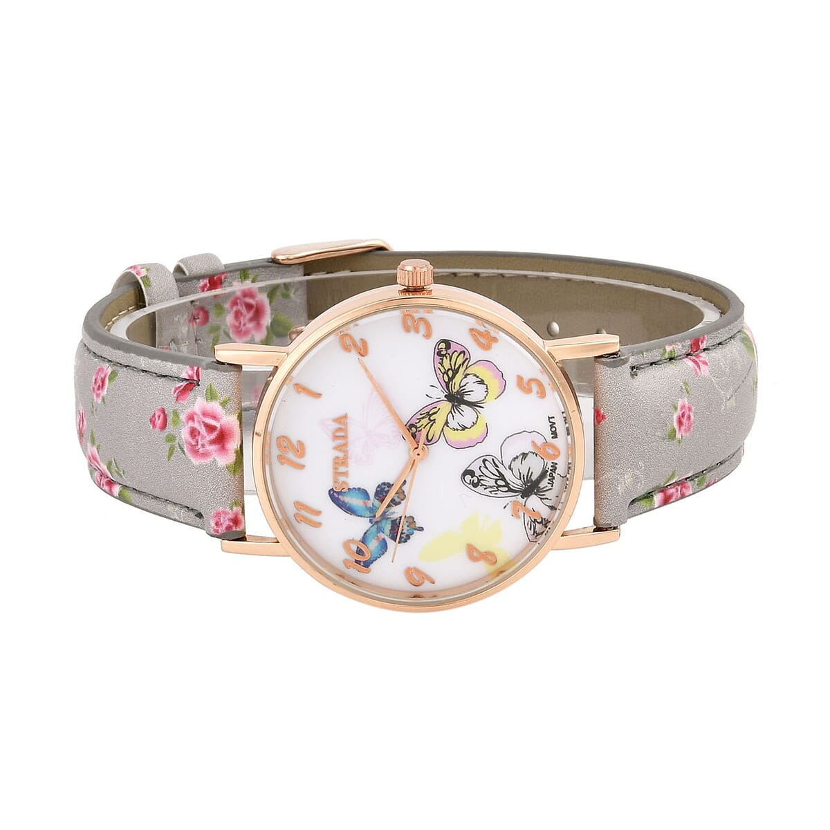 Strada Japanese Movement Butterfly Pattern Watch in Rosetone with Gray Faux Leather Floral Print Strap (7.25-8.75 In) (37.10mm) image number 4