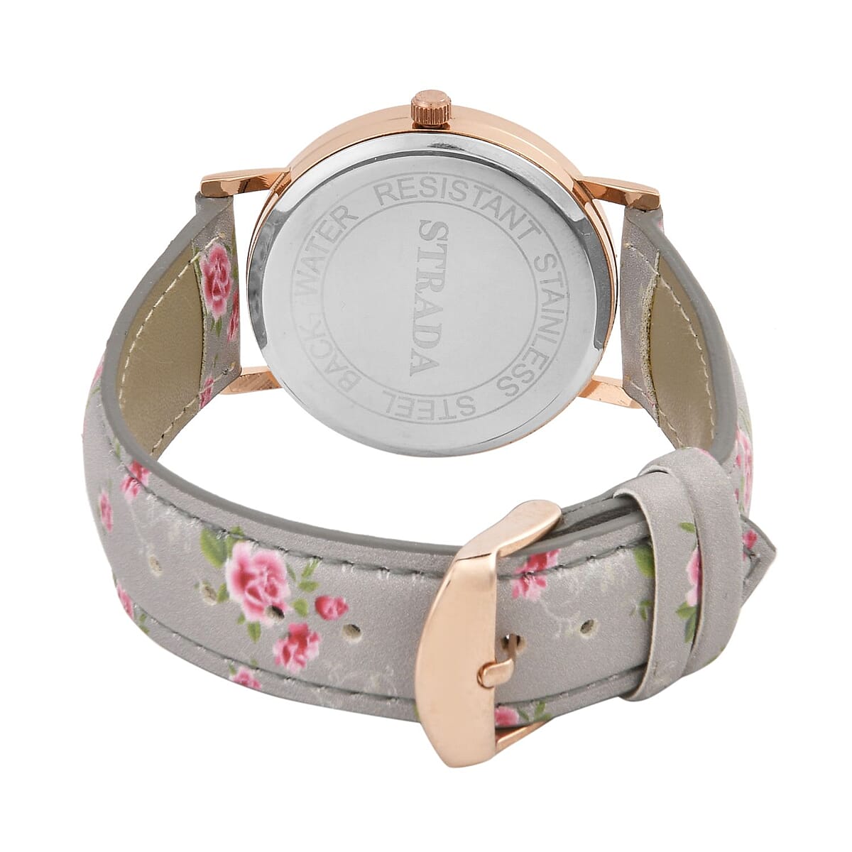 Strada Japanese Movement Butterfly Pattern Watch in Rosetone with Gray Faux Leather Floral Print Strap (7.25-8.75 In) (37.10mm) image number 5