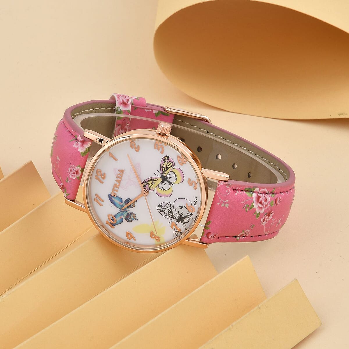 Strada Japanese Movement Butterfly Pattern Watch in Rosetone with Pink Faux Leather Floral Print Strap (7.25-8.75 In) (37.10mm) image number 1
