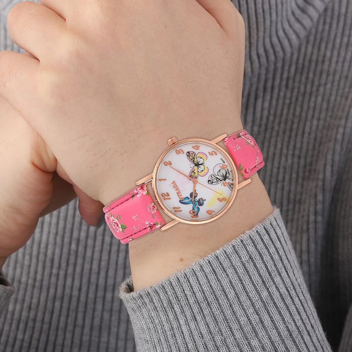 Strada Japanese Movement Butterfly Pattern Watch in Rosetone with Pink Faux Leather Floral Print Strap (7.25-8.75 In) (37.10mm) image number 2