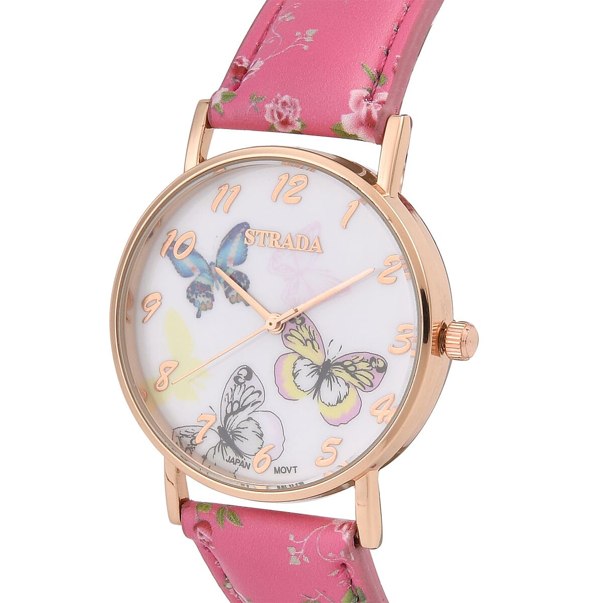 Strada Japanese Movement Butterfly Pattern Watch in Rosetone with Pink Faux Leather Floral Print Strap (7.25-8.75 In) (37.10mm) image number 3