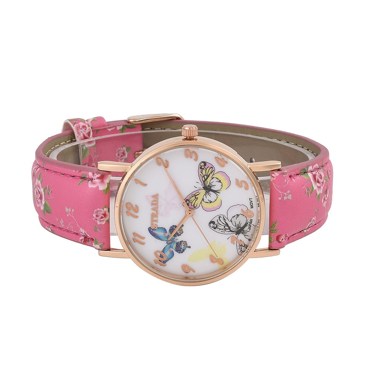 Strada Japanese Movement Butterfly Pattern Watch in Rosetone with Pink Faux Leather Floral Print Strap (7.25-8.75 In) (37.10mm) image number 4