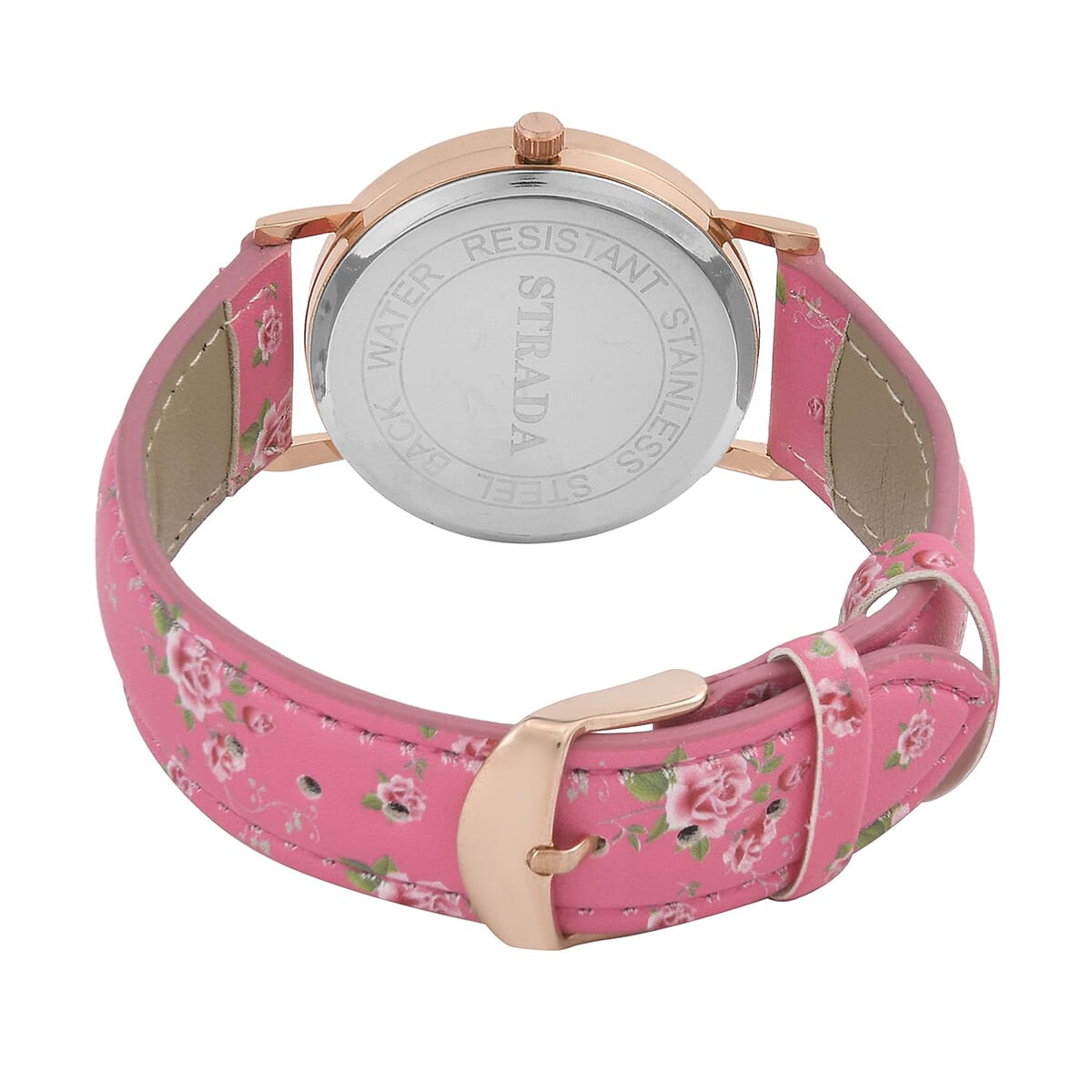 Strada Japanese Movement Butterfly Pattern Watch in Rosetone with Pink Faux Leather Floral Print Strap (7.25-8.75 In) (37.10mm) image number 5