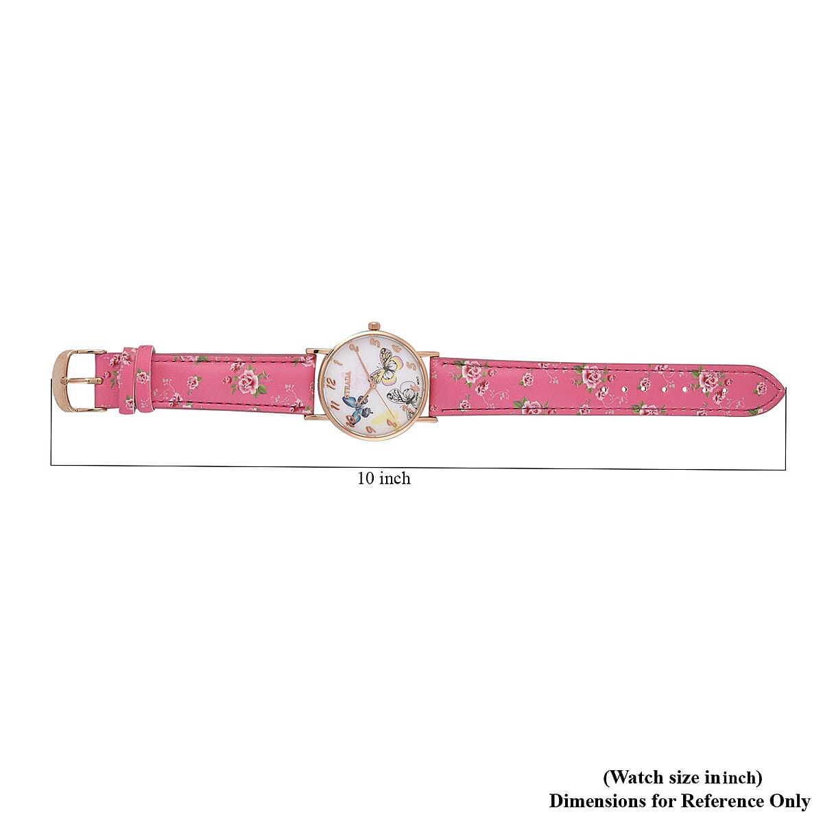 Strada Japanese Movement Butterfly Pattern Watch in Rosetone with Pink Faux Leather Floral Print Strap (7.25-8.75 In) (37.10mm) image number 6