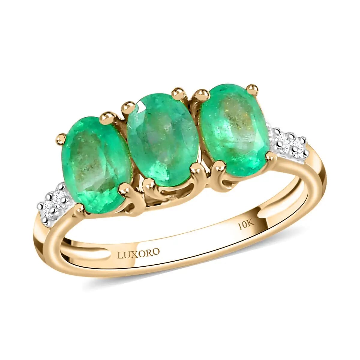 Doorbuster LUXORO 10K Yellow Gold Premium Boyaca Colombian Emerald and G-H I3 Diamond 3 Stone Ring 1.25 ctw image number 0