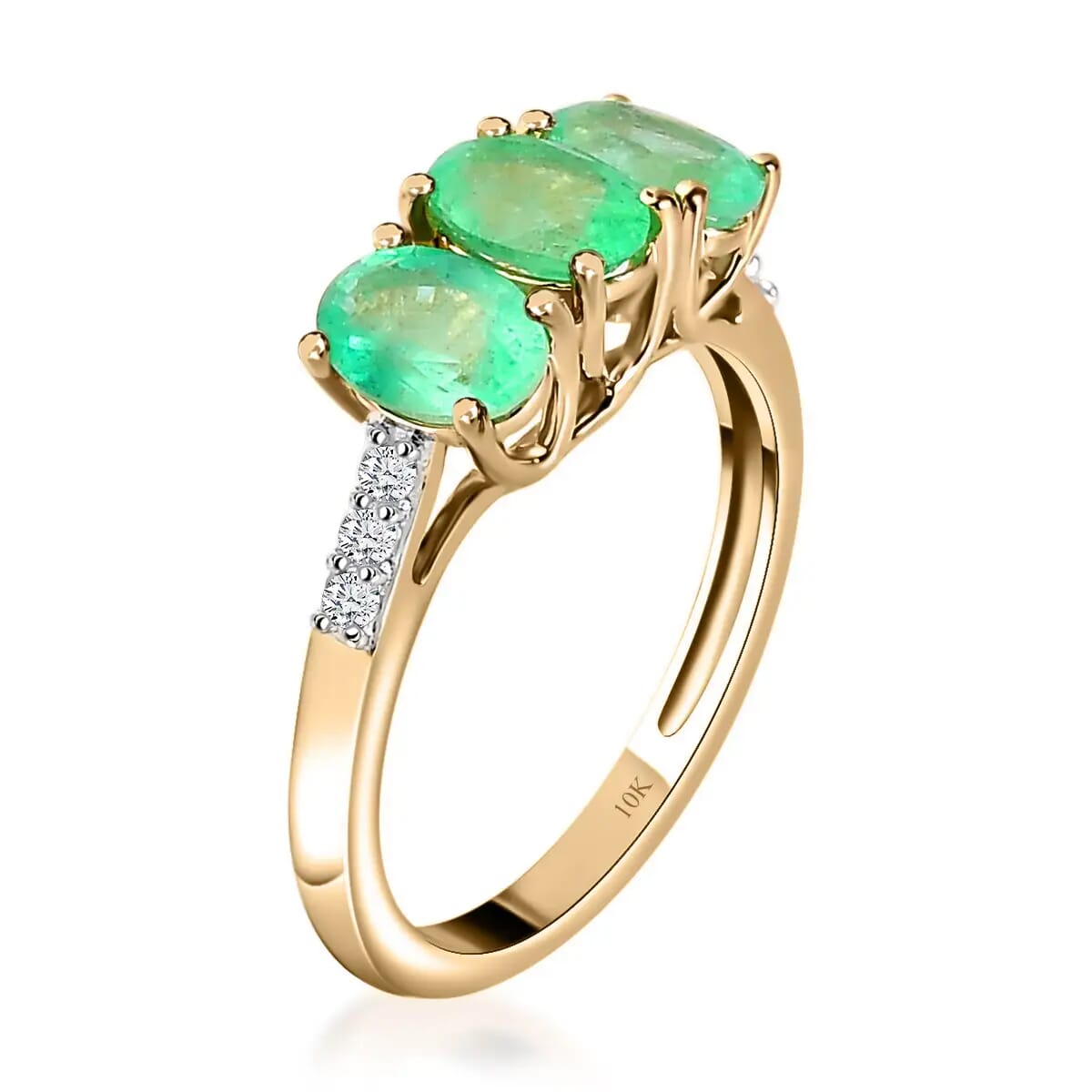 Doorbuster LUXORO 10K Yellow Gold Premium Boyaca Colombian Emerald and G-H I3 Diamond 3 Stone Ring 1.25 ctw image number 3