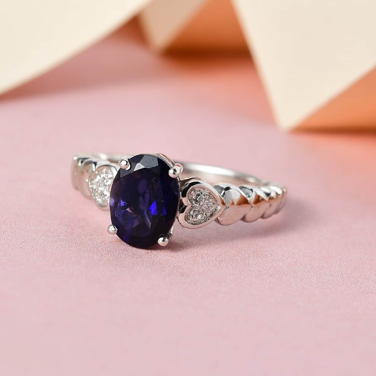 Catalina Iolite and Natural White Zircon Ring in Platinum Over Sterling Silver 1.70 ctw image number 1