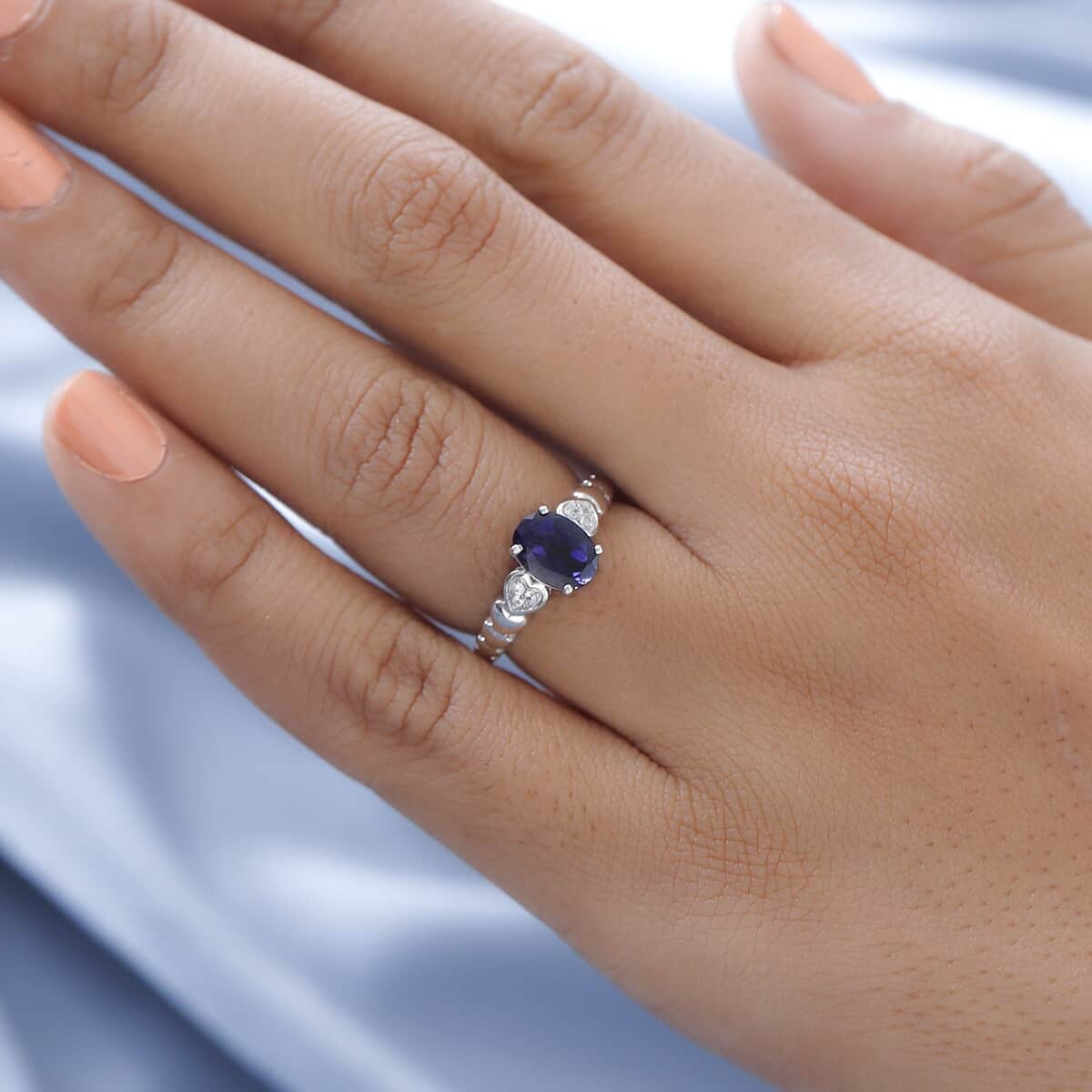 Catalina Iolite and Natural White Zircon Ring in Platinum Over Sterling Silver 1.70 ctw image number 2
