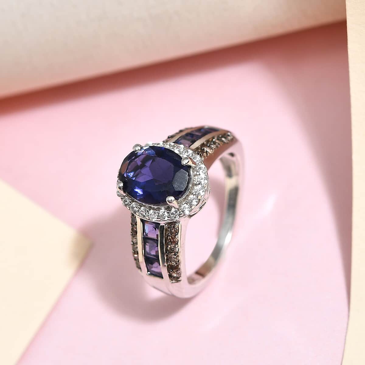 Catalina Iolite, Brown and White Zircon Ring in Platinum Over Sterling Silver 2.30 ctw image number 1