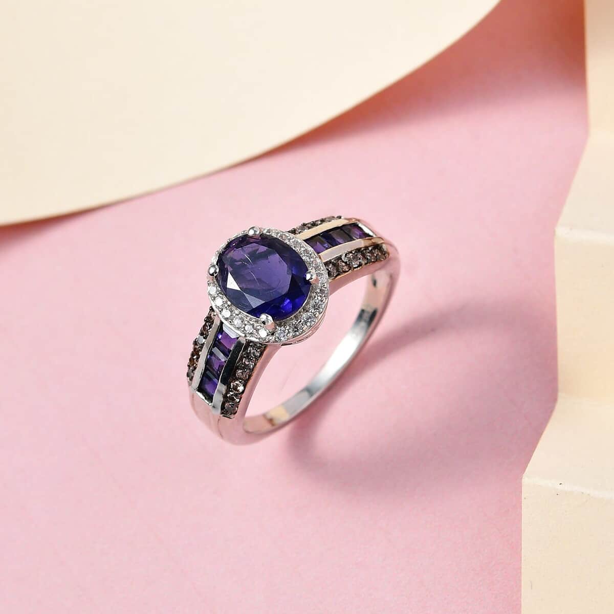 Catalina Iolite, Brown and White Zircon Ring in Platinum Over Sterling Silver (Size 8.0) 2.30 ctw image number 1