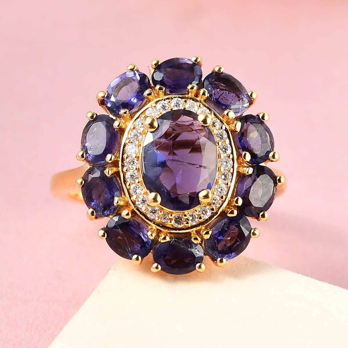 Catalina Iolite and Moissanite Floral Ring in Vermeil Yellow Gold Over Sterling Silver (Size 7.0) 2.50 ctw image number 1